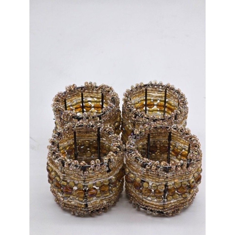 Vintage Dinner Napkin 4 Jacquard  Print Rings 4 Metal Round Beaded Iridescent - Picture 3 of 8